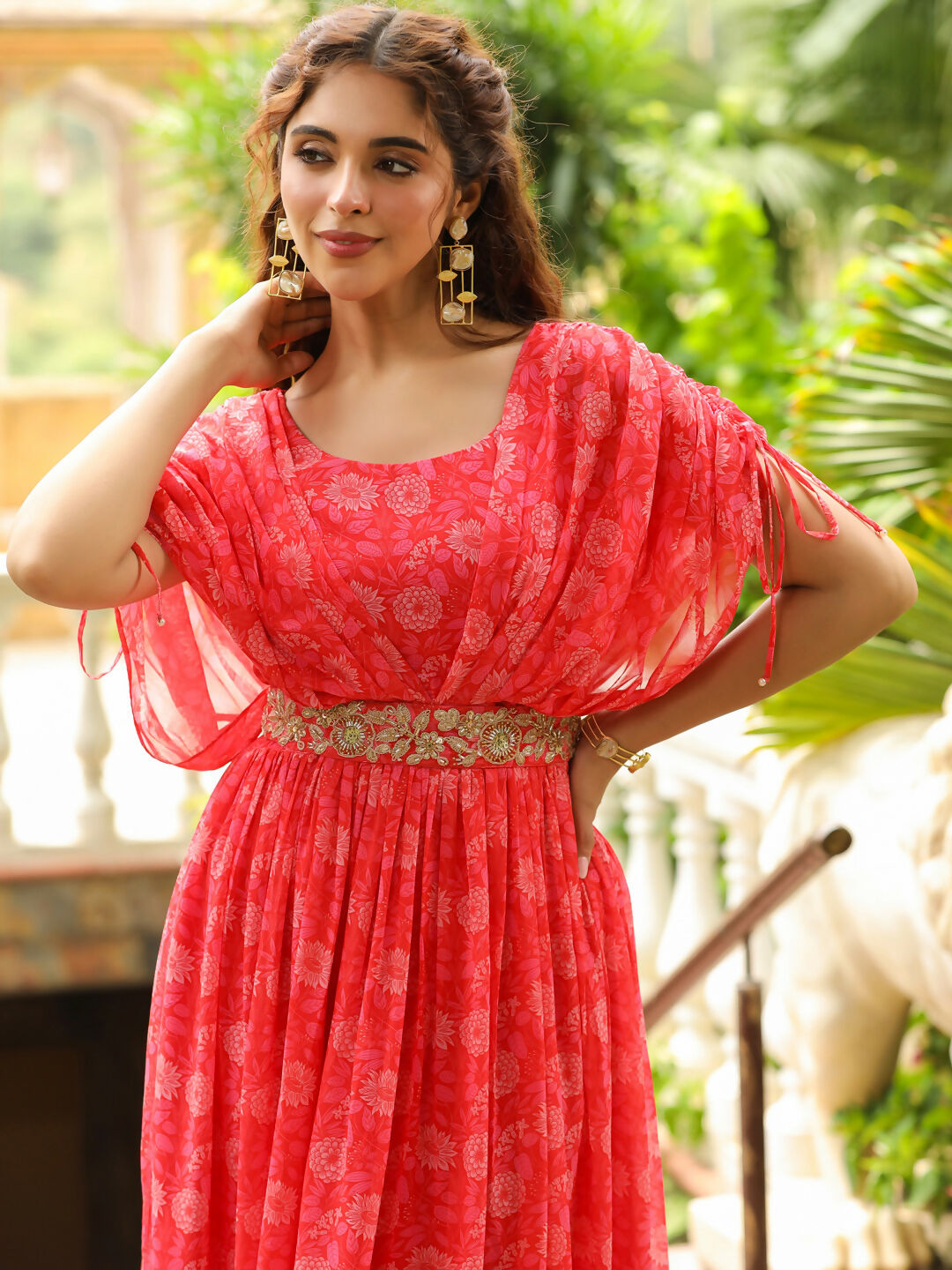 Janasya Pink Georgette Floral Gown 