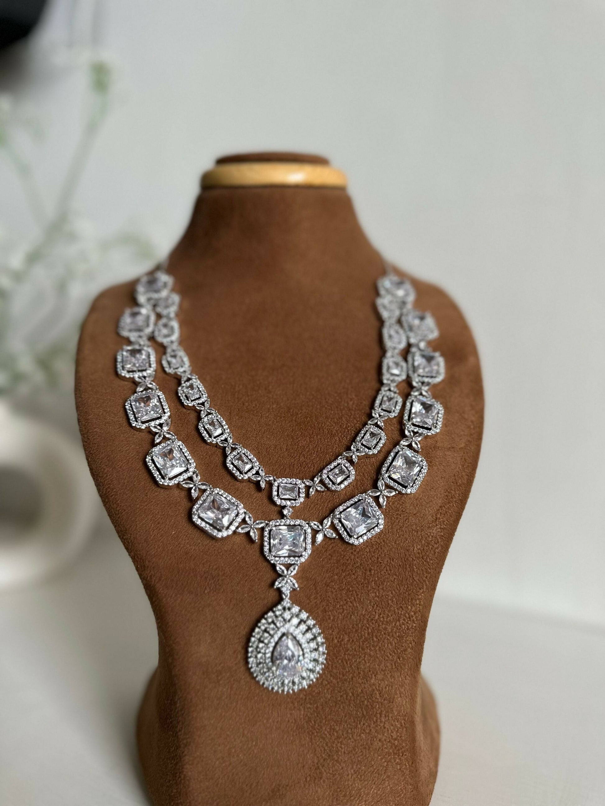 Siver American Diamond Two Layer Elegent Necklace Set With Earrings By House of Ree House of Ree