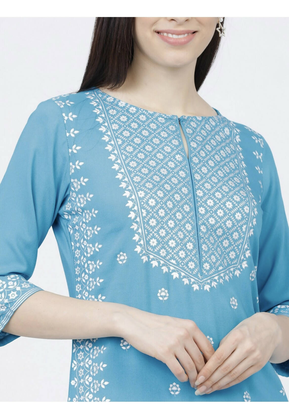 Cheera Embellished Daily Wear Cotton Blend Kurta - Sky Blue - Grab2buy
