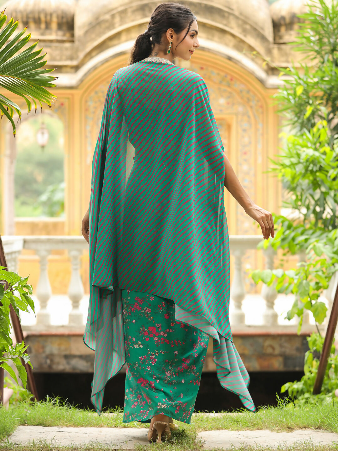 Janasya Green Georgette Floral Top Bottom Cape 
