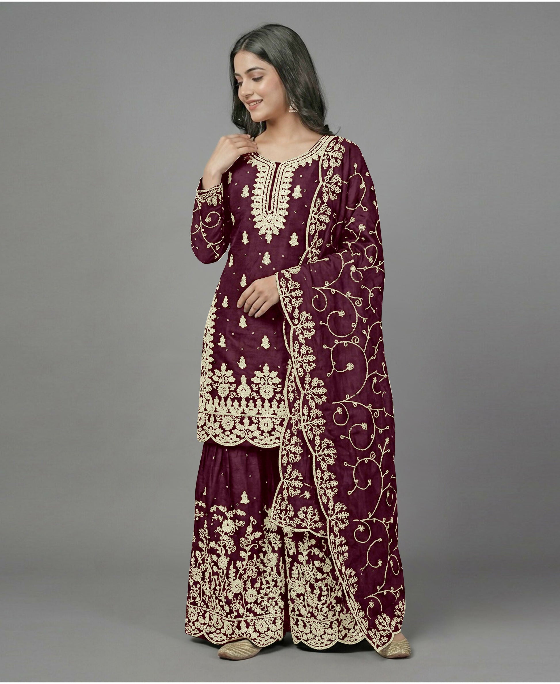 Teeya Creation Womens New Trendy Pure Gmy Silk With Heavy Embroidery Sequence Work Purple Kurta Set