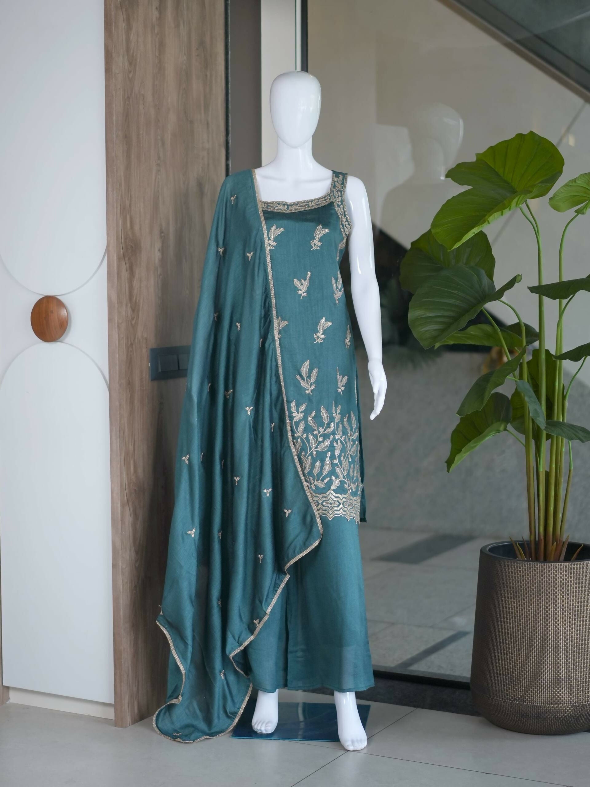 Teeya Creation Teal Blue Embroidered Georgette Straight Kurta With Palazzo And Dupatta Set