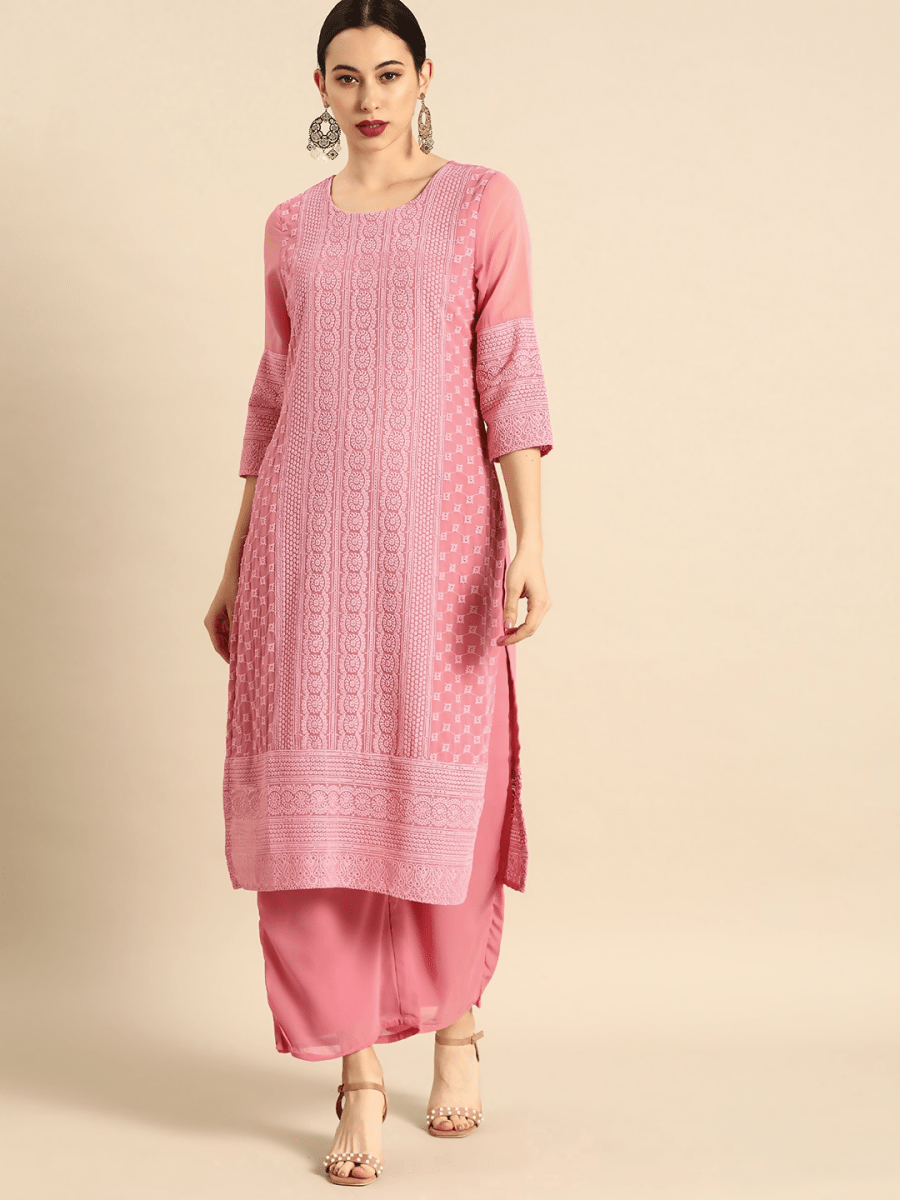 Anouk Women Pink Chikankari Embroidered Kurta with Palazzos 