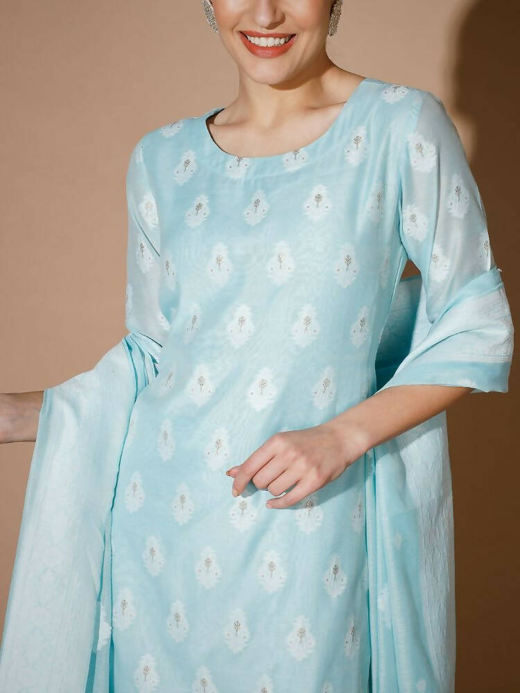 Myshka Women Blue Printed Kurta & Palazzos With Dupatta