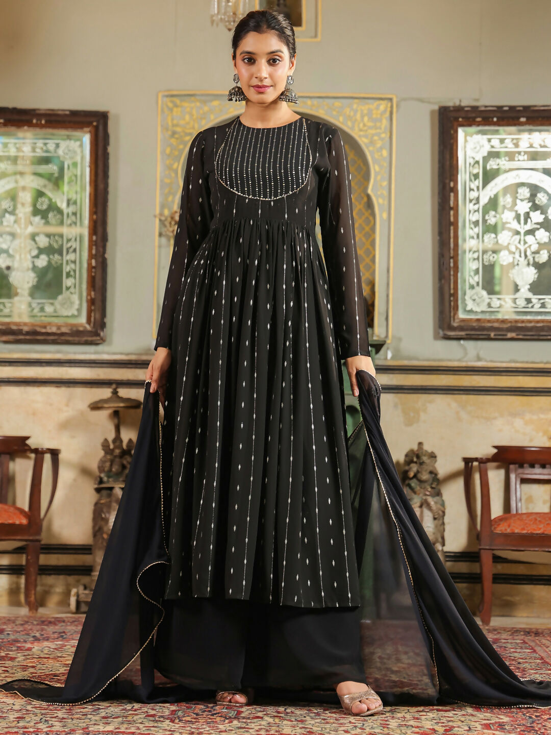 Janasya Black Georgette Foil Print Kurta,Bottom & Dupatta 