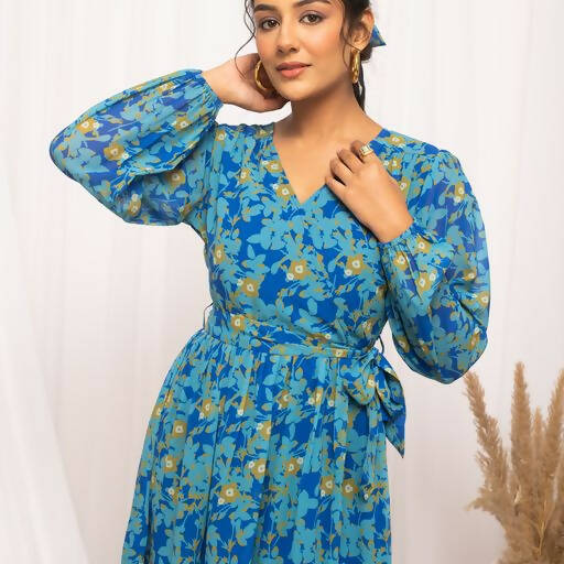FIORRA Women's Navy Blue Georgette Floral Printed Western Dress 