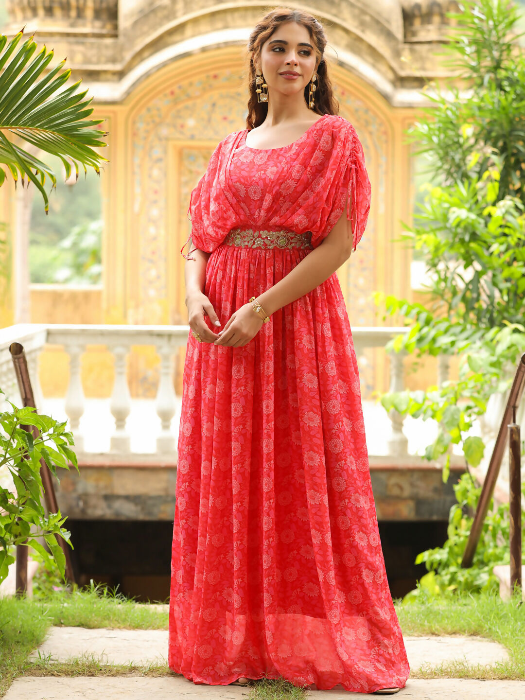 Janasya Pink Georgette Floral Gown 