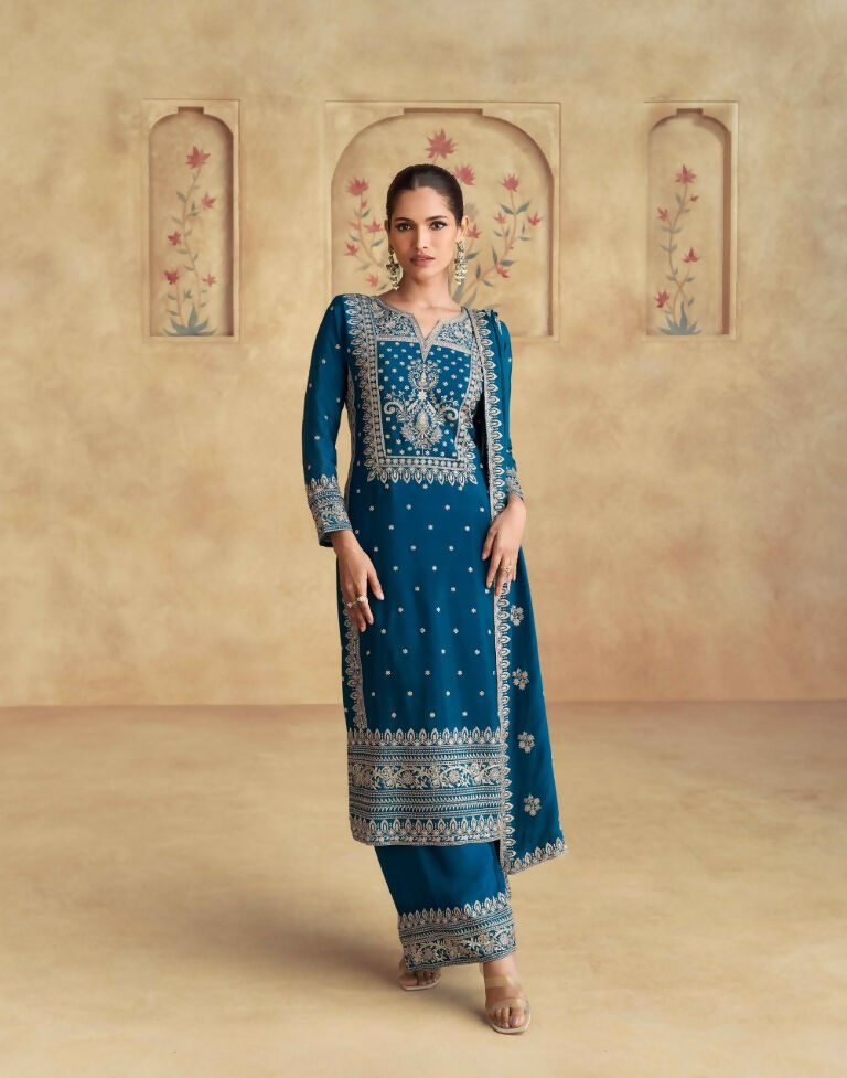 Vastranavya Teal Chinon Silk Embroidered Sequins Pakistani Straight Plaazo Suit  Grab2Buy Vastranavya Grab2Buy