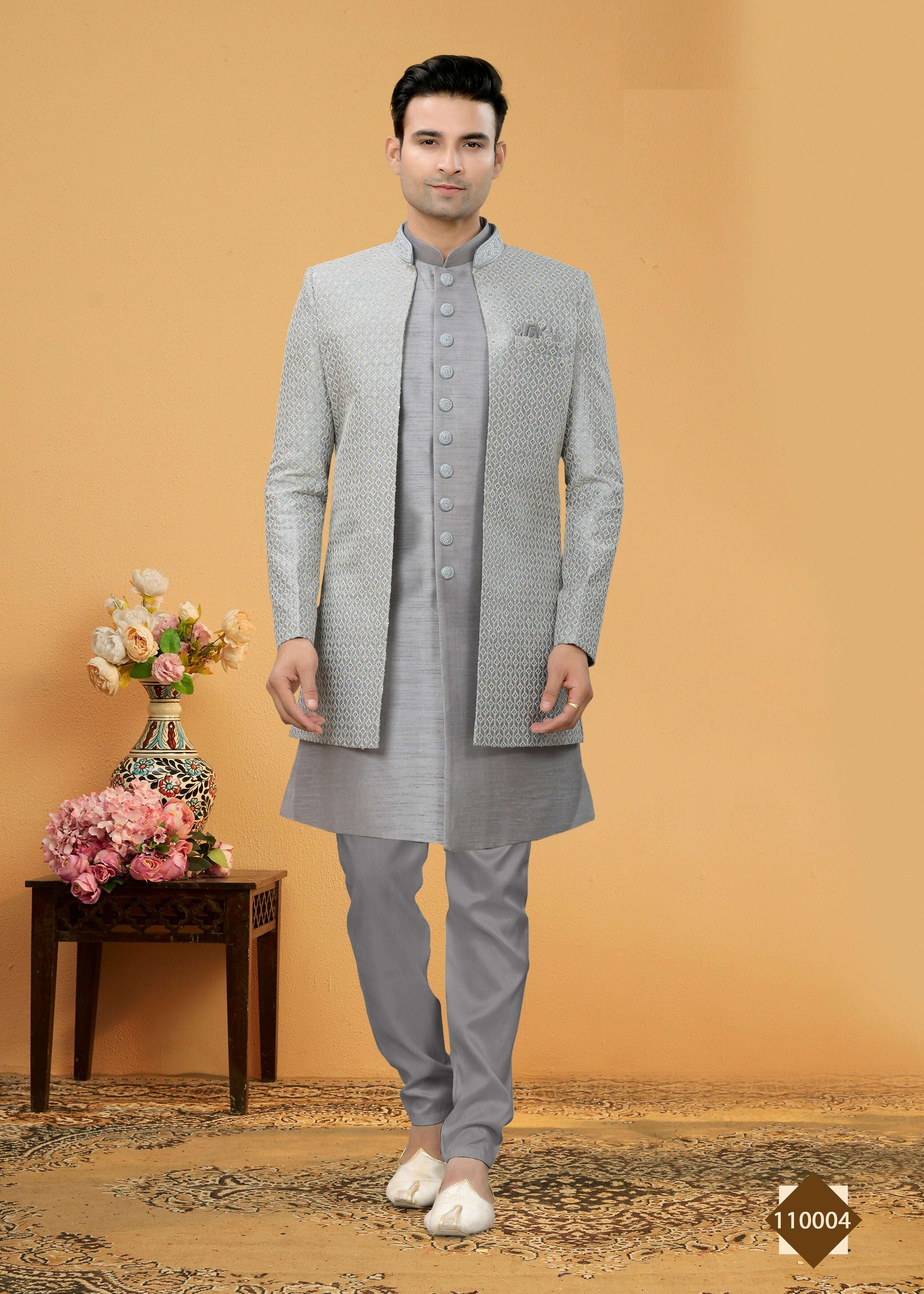 Joban Fashion Men's Grey Art Silk Plain Kurta Pyjama set