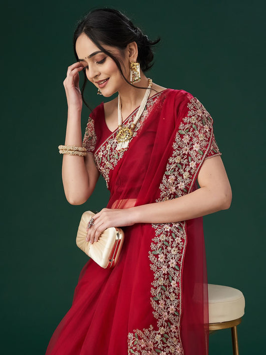 kasee Women's Aari Work Embroidered Net Sarees
