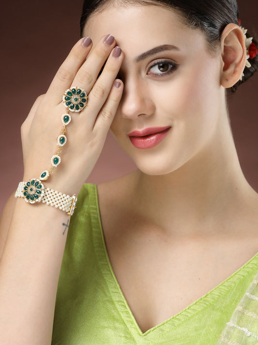 NVR Women's Green Gold-Polished Stone Studded Handcrafted Ring Bracelet