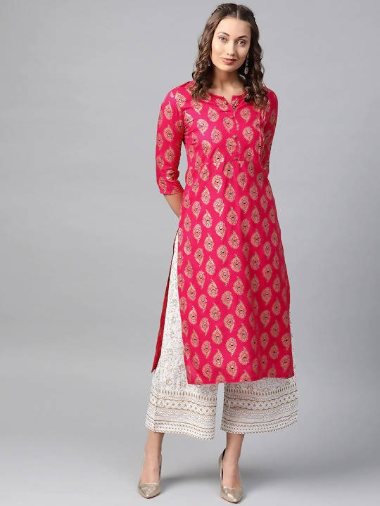 Indian Clothing Anubhutee Pink & Golden Printed Straight Kurta | Grab2Buy