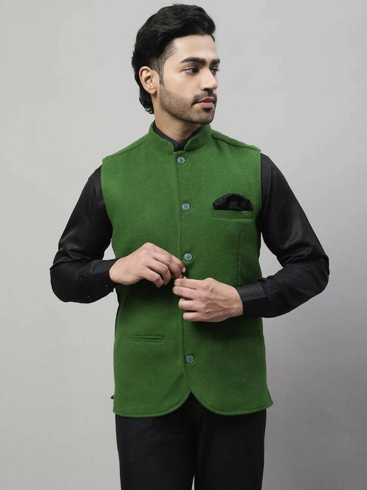 Even Apparels Pure Wool Nehru Jacket - Green