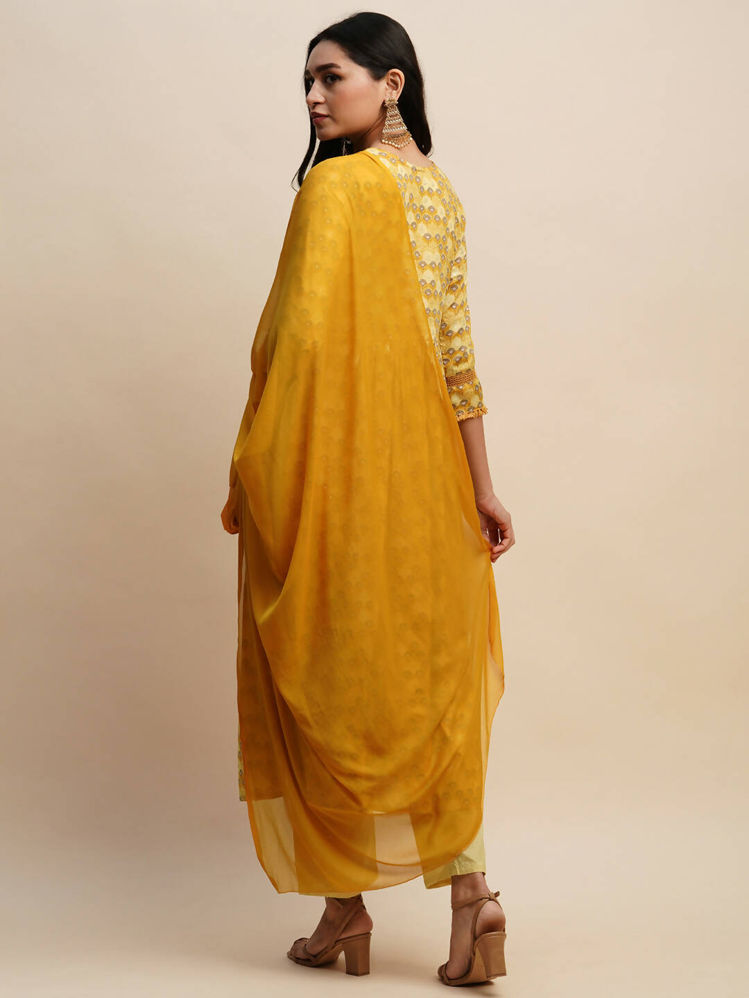 Mustard Pure Cotton Floral Printed Naira Cut Kurta And Bottom With Dupatta - Akashara