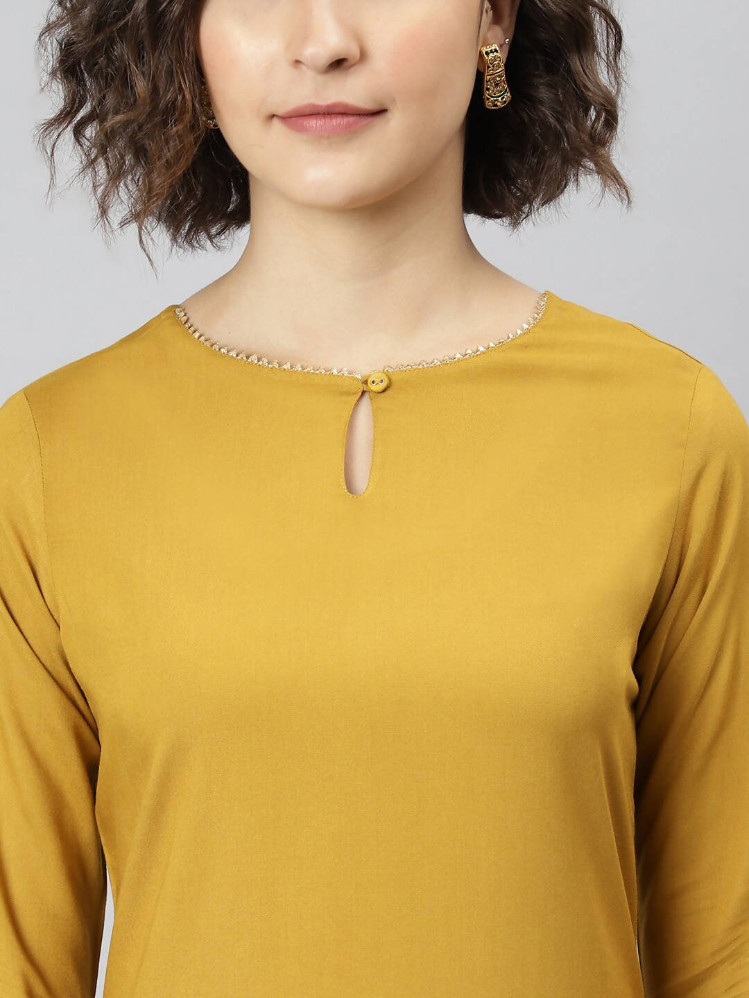 Janasya Women Mustard Yellow Regular Gotta Patti Kurta with Trousers & With Dupatta