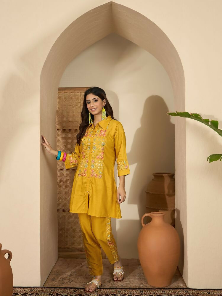 Joban Fashion Women Mustard Roman Silk Embroidered Stitched Kurta Set
