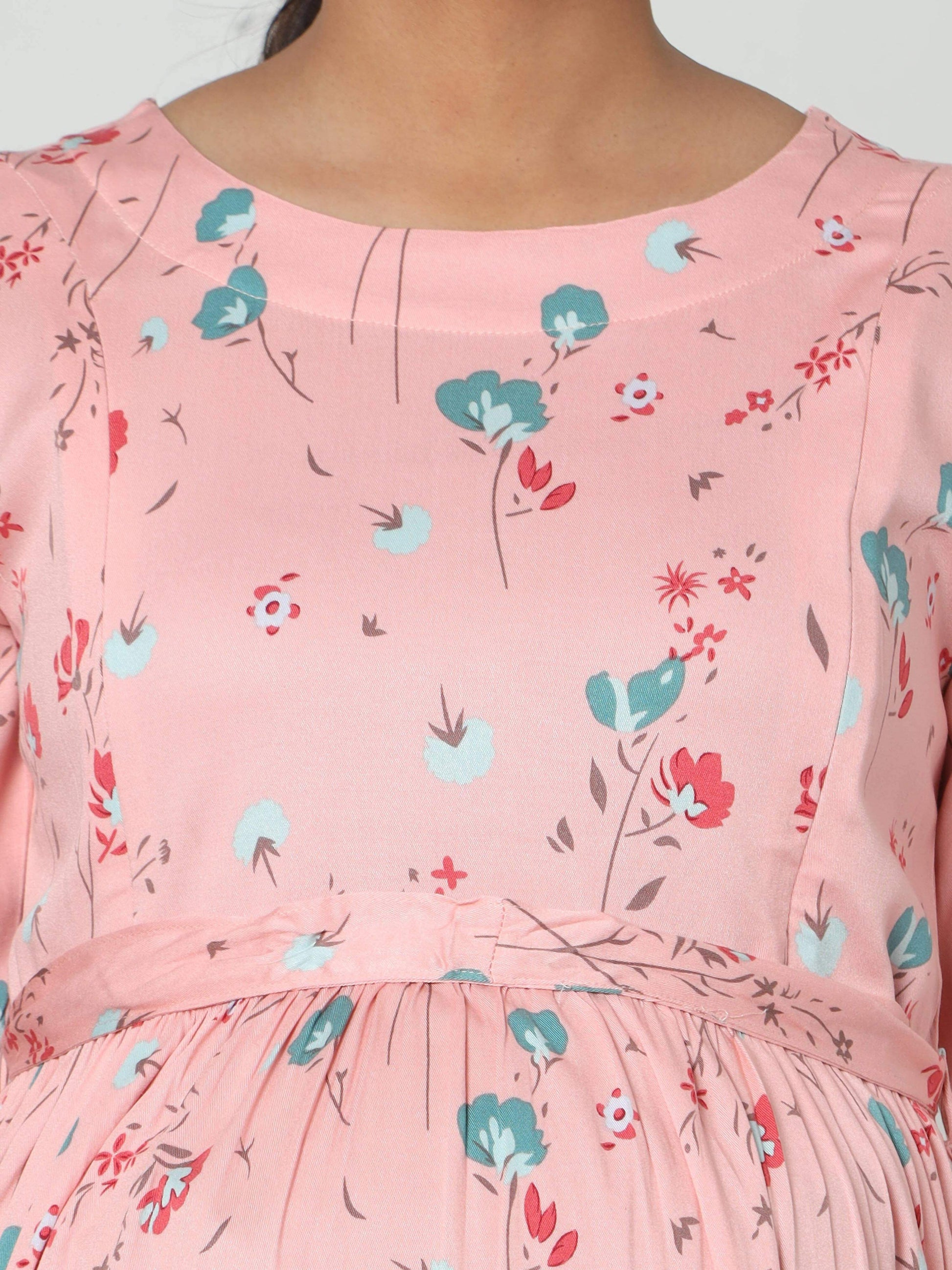 Manet Three Fourth Maternity Dress Floral Print With Concealed Zipper Nursing Access - Peach