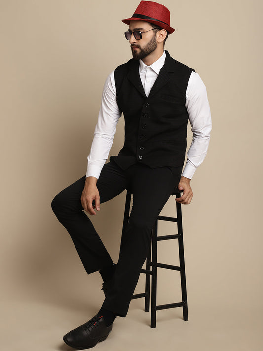 Even Apparels Men's Black Waistcoat with Notched Lapel - Grab2buy