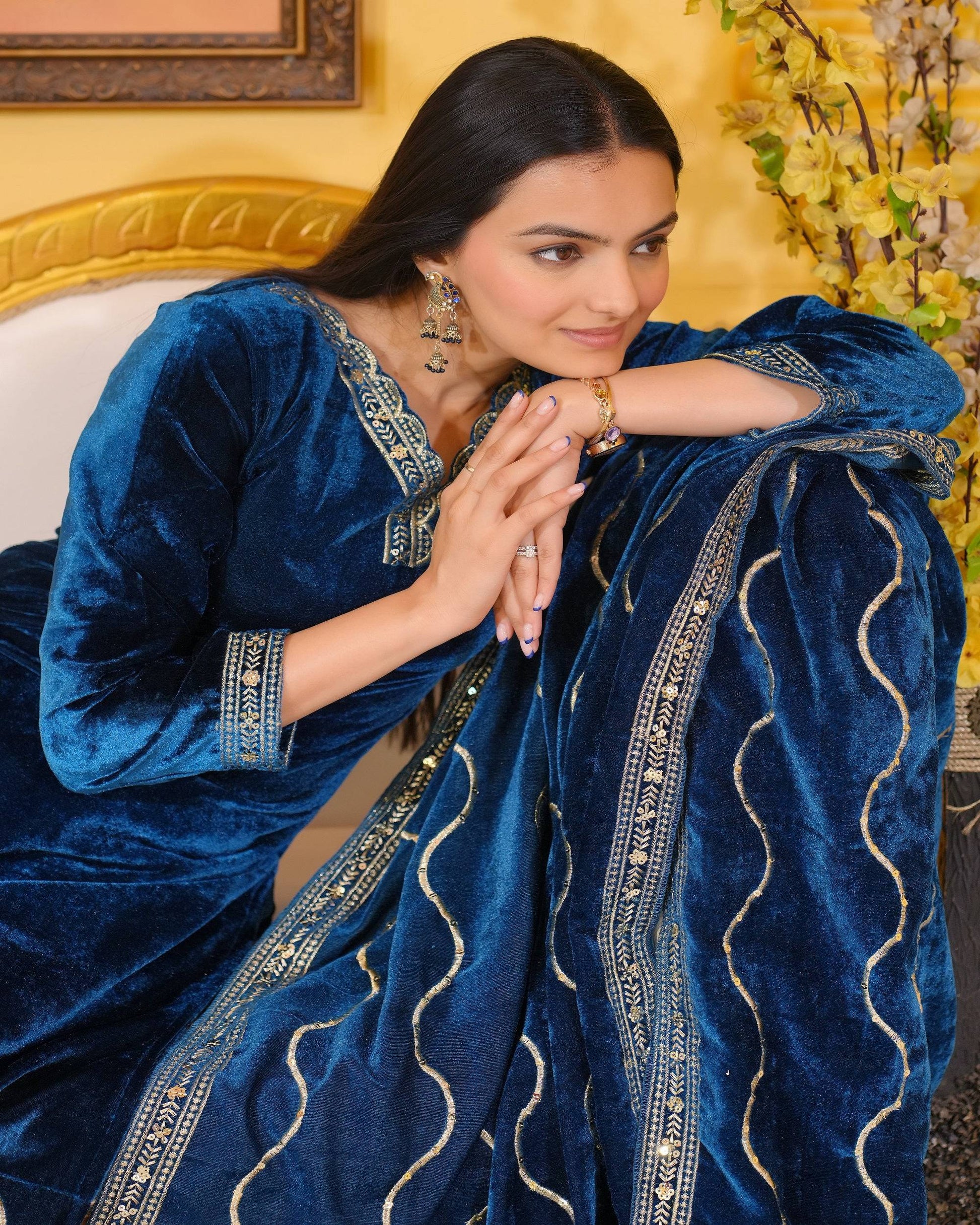 Teeya Creation Blue Color Velvet Heavy Embroidery Work Fully Stitched Salwar Suit