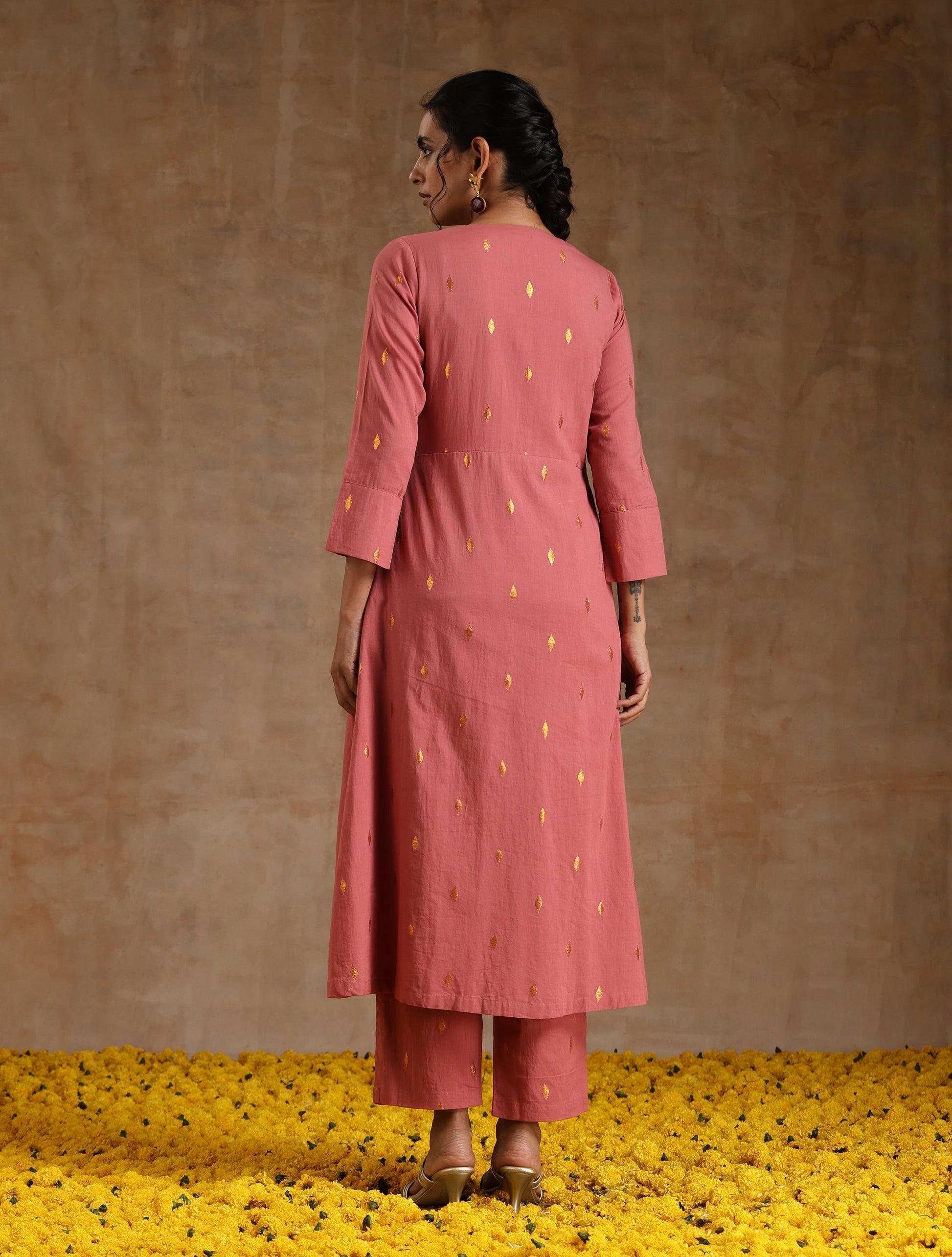 trueBrowns Blush Gold Cotton Angrakha Kurta Set 