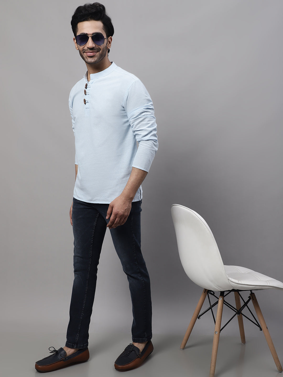 Even Apparels Blue Pure Cotton Kurta With Band Collar 