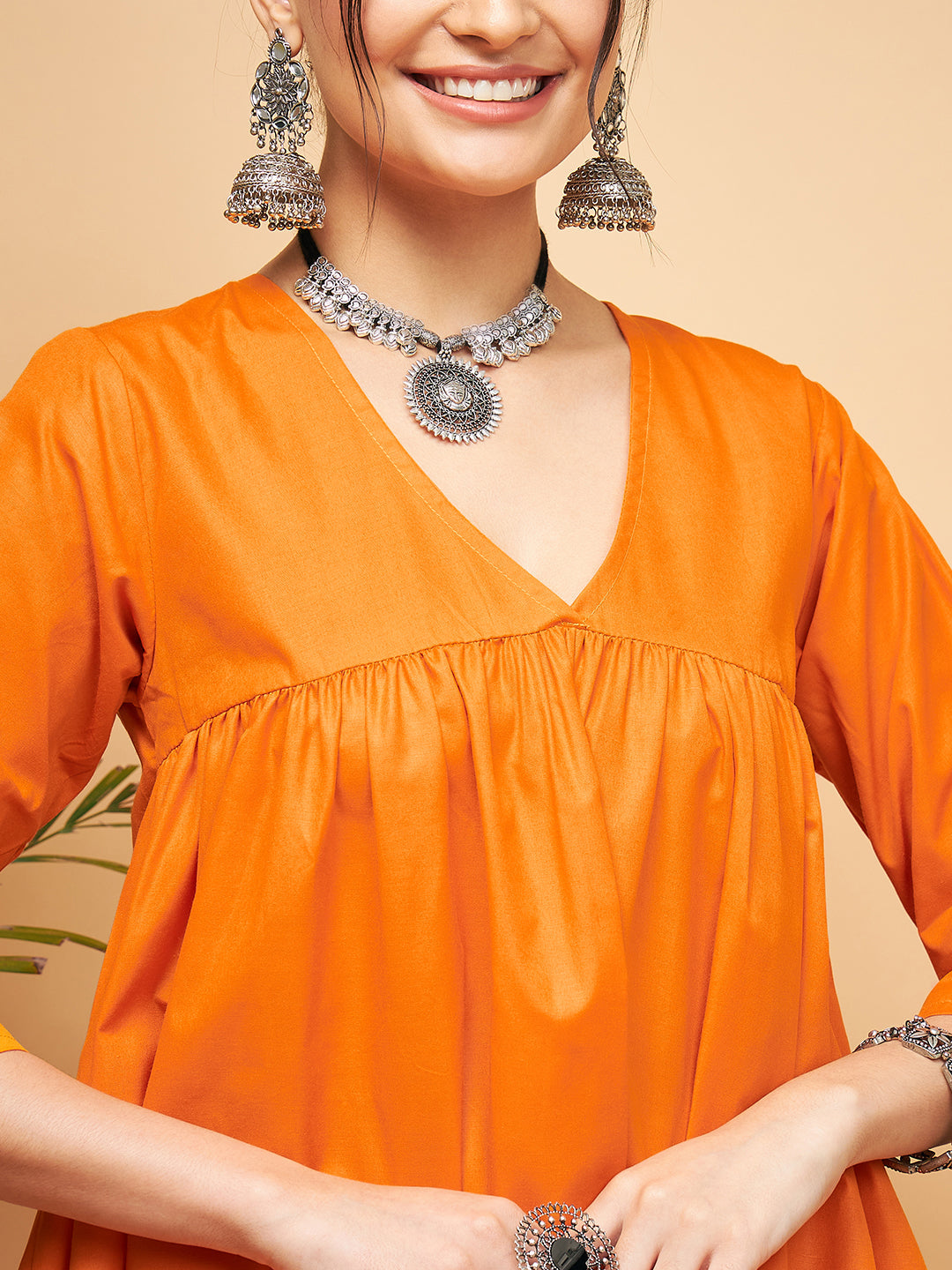 InWeave Women's Orange Flared Kurta Palazzo Set 