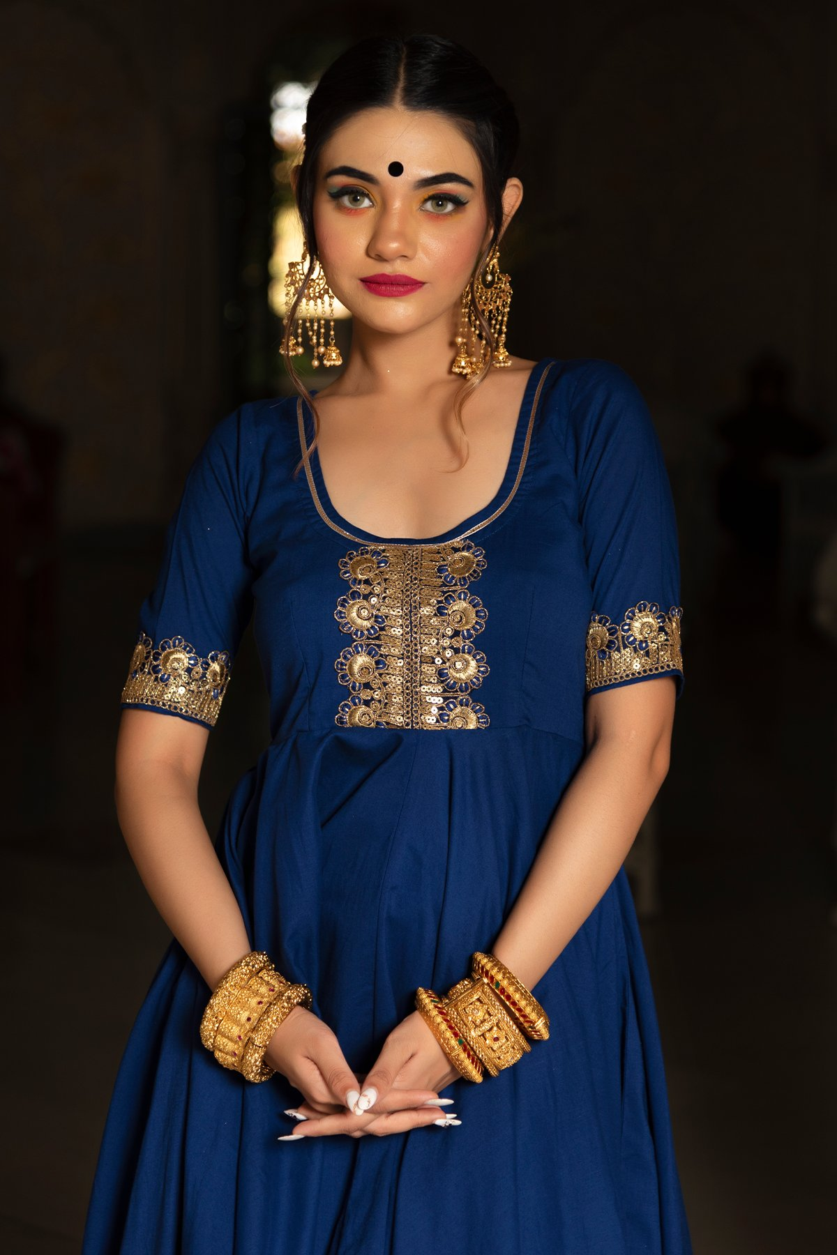 Pomcha Jaipur Minakari Blue Anarkali Set 