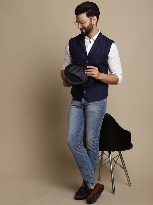 Even Apparels Men's Blue Waistcoat with Notched Lapel - Grab2buy