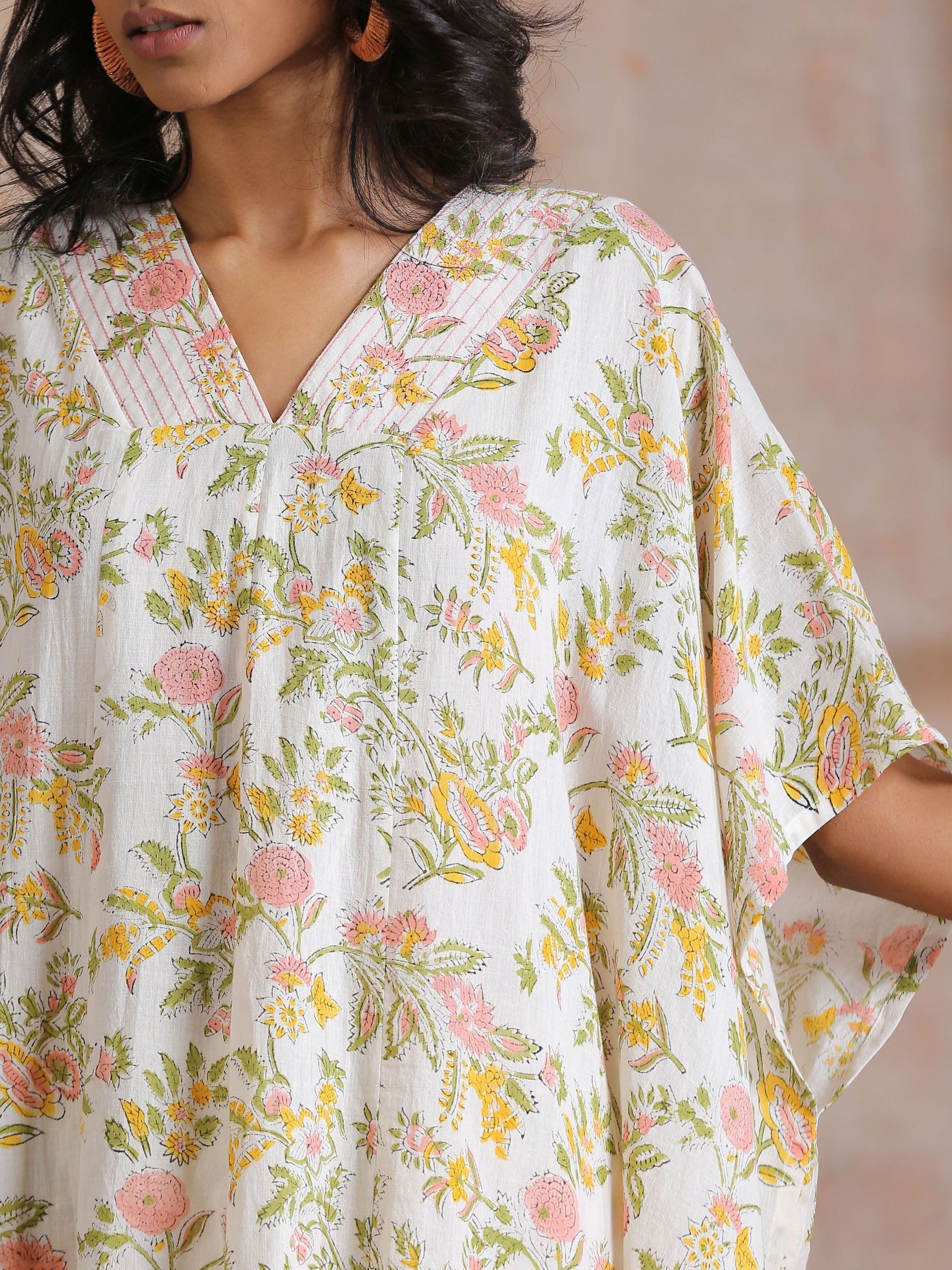 trueBrowns Pink Yellow Floral On White Block Print Cotton Panel Kaftan Kurta Pant Set 