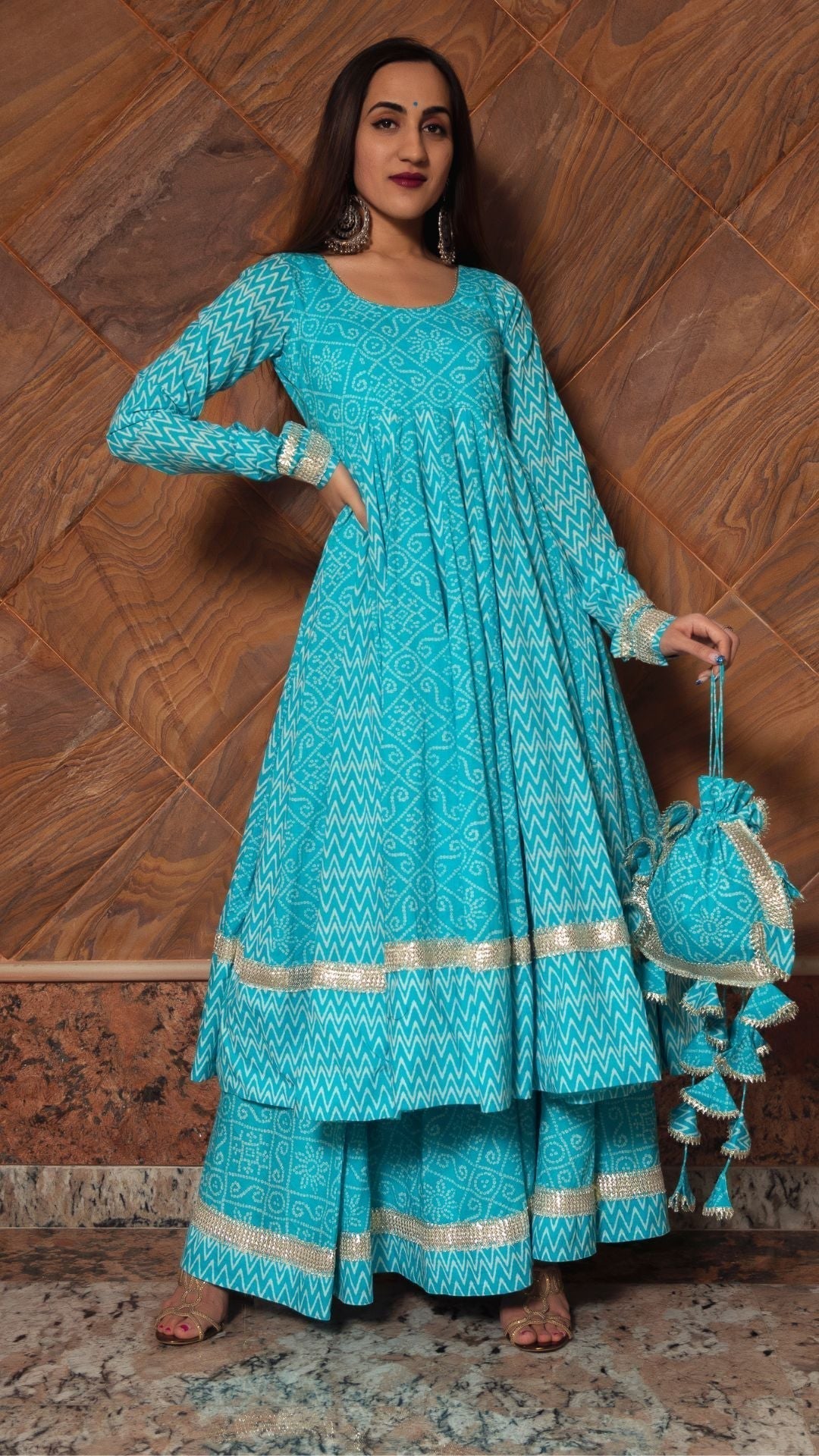 Pomcha Jaipur Neelkari Blue Cotton Anarkali Set 