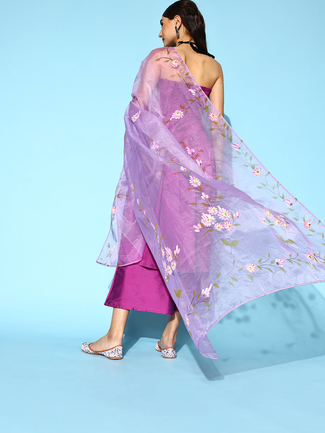 InWeave Purple Off Shoulder Silk Kurta Set -Mauve Hand Painted Dupatta 