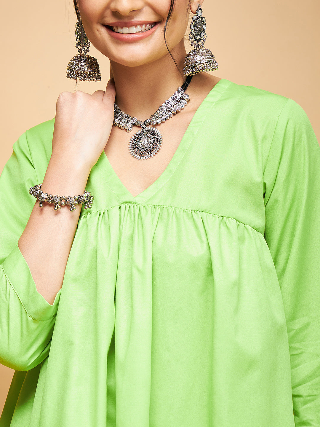 InWeave Women's Lime Green Flared Kurta Palazzo Set 