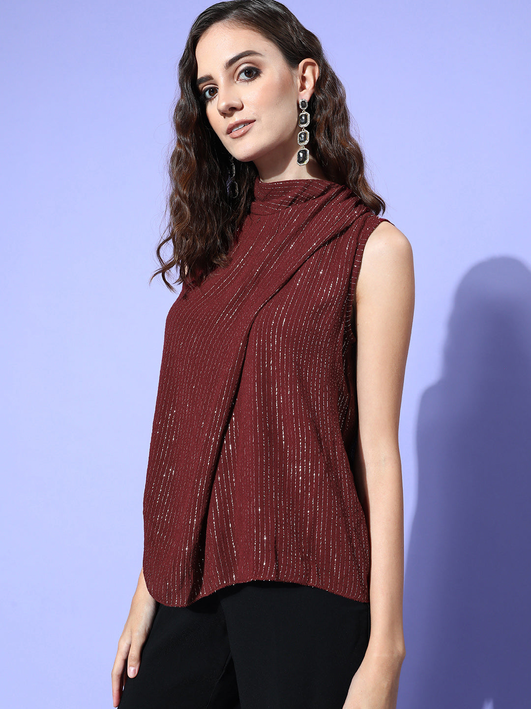 InWeave Women's Maroon Lurex Tie Up Top 