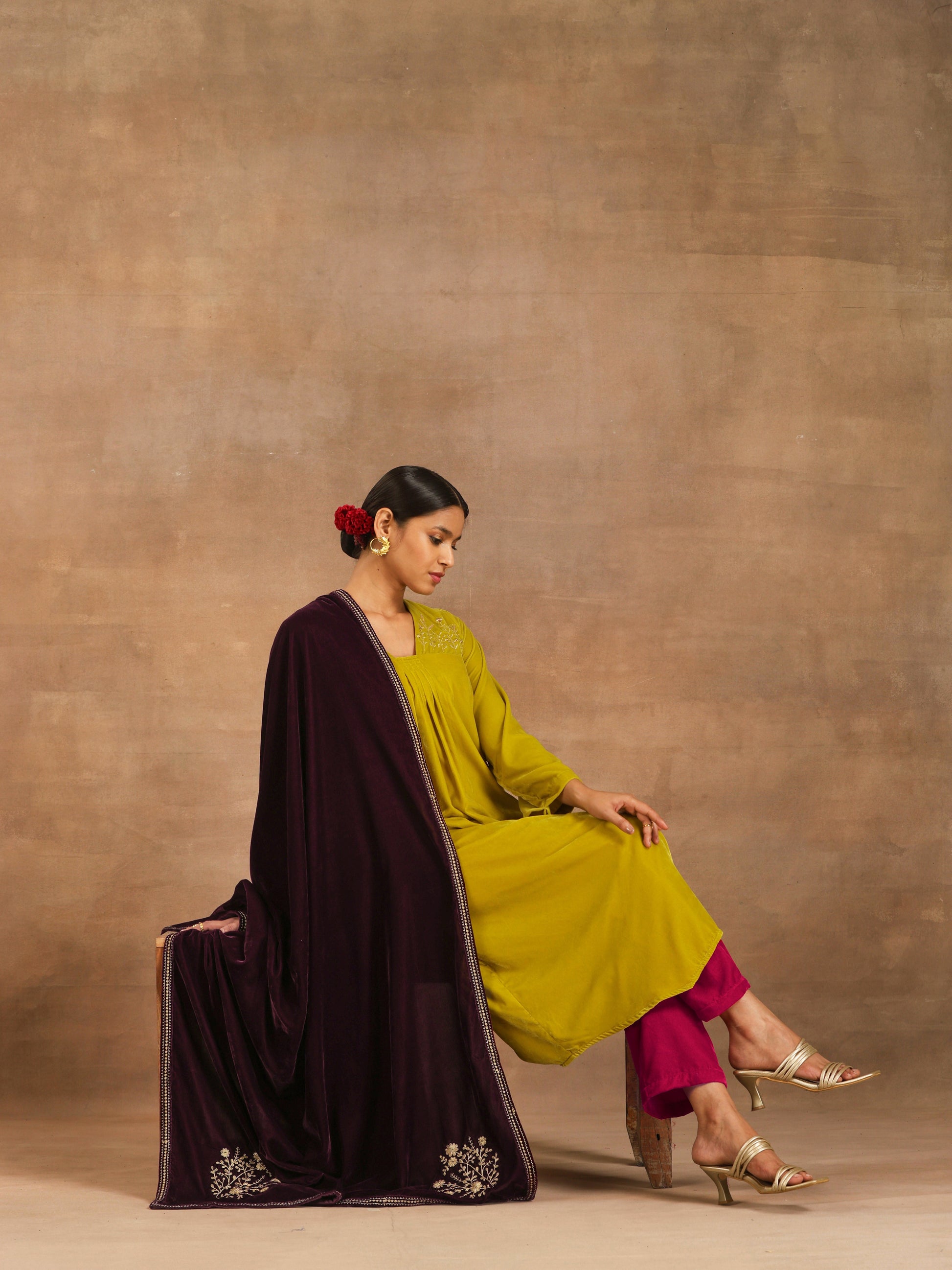 trueBrowns Wine Velvet Embroidered Shawl - Grab2buy