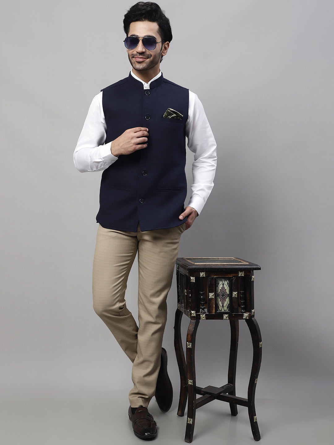 Even Apparels Men's Blue Pure Wool Nehru Jacket 