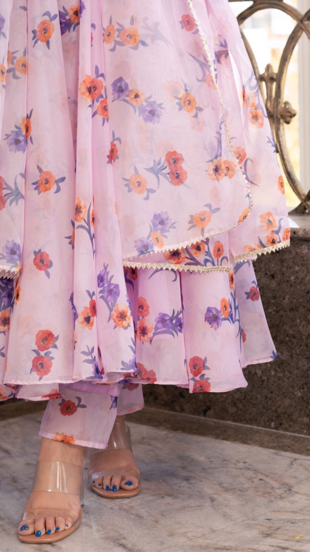Pomcha Jaipur Lavender Gangaur Printed Organza Anarkali 