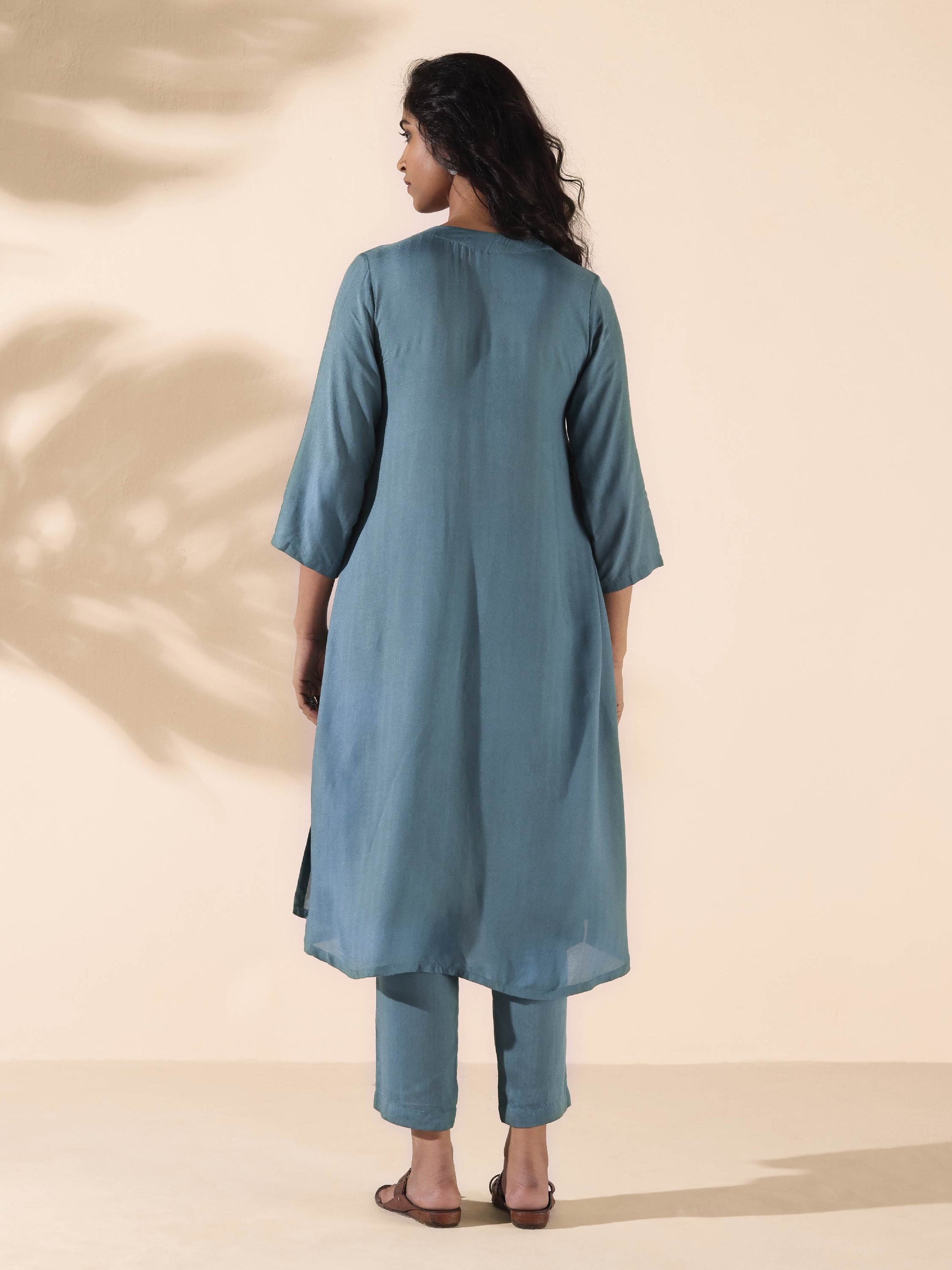 trueBrowns Turquoise Viscose Dobby Flared Kurta Pant Set 