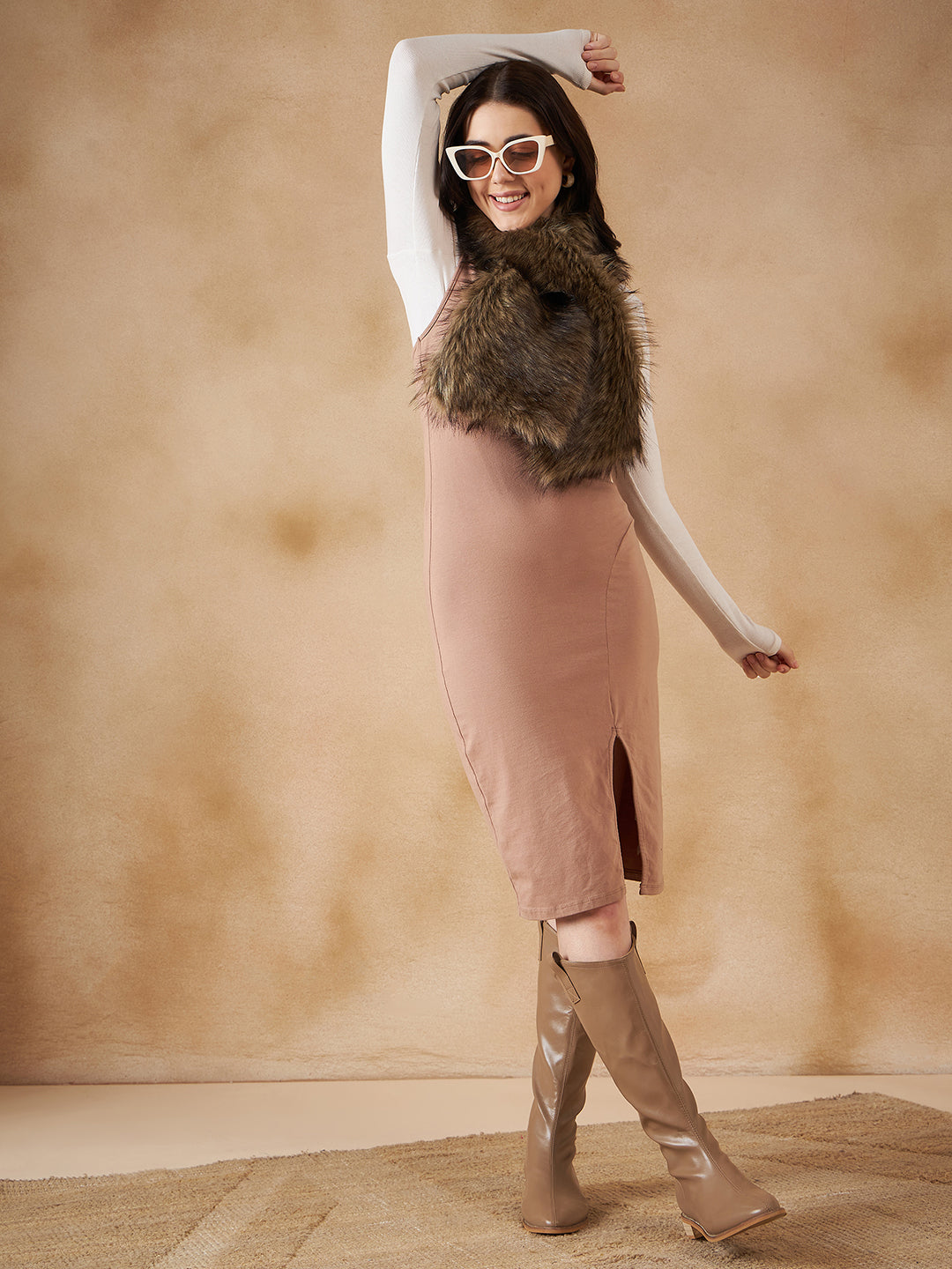 InWeave Women's Beige Print Faux Fur Neck Warmer 