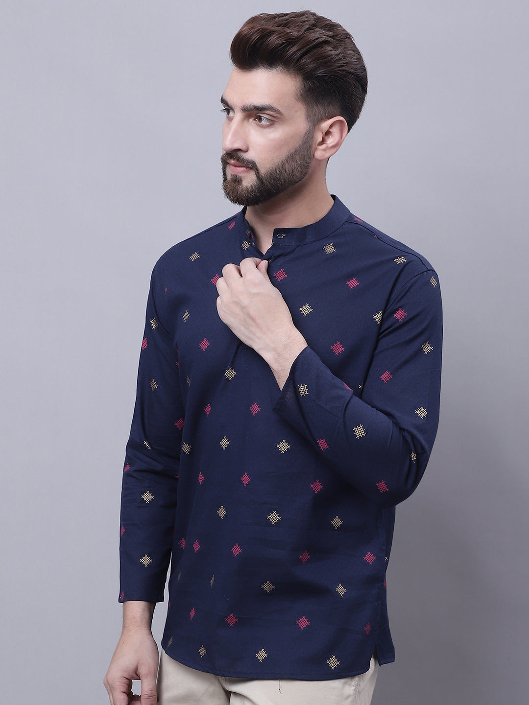 Even Apparels Blue Pure Cotton Short Kurta With Band Collar 