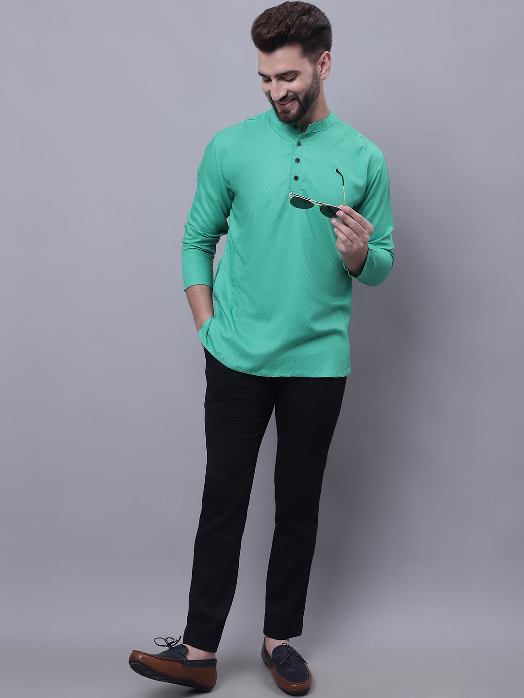 Even Apparels Green Pure Cotton Short Kurta With Band Collar 