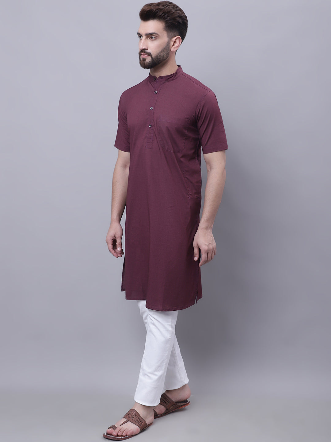Even Apparels Wine Pure Cotton Short Sleeves Kurta With Band Collar 