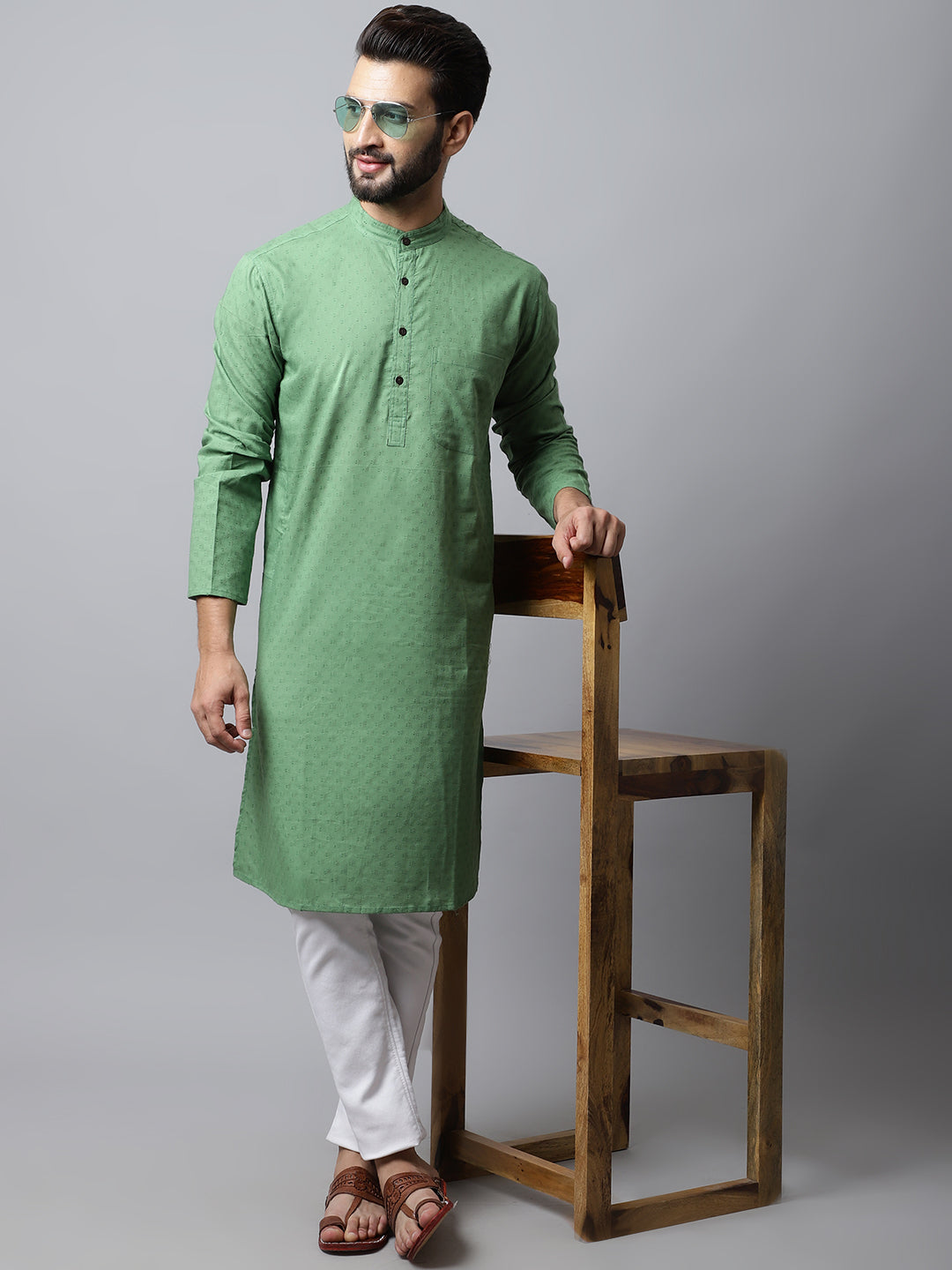 Even Apparels Green Solid Kurta With Band Collar 