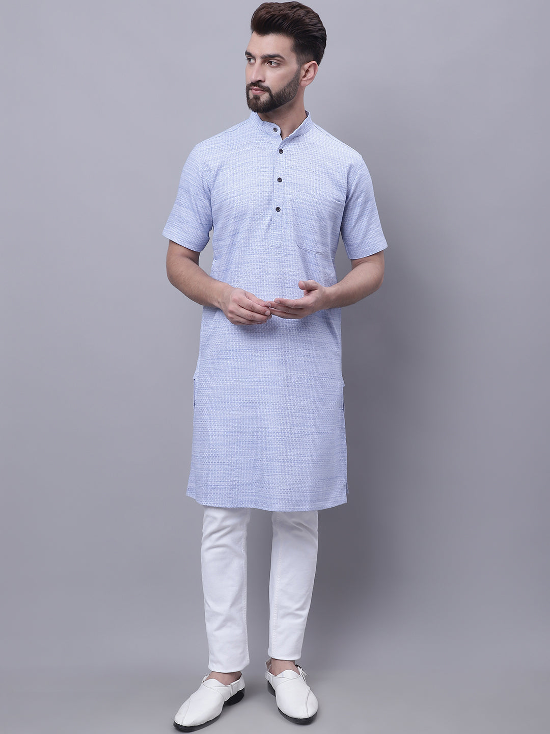 Even Apparels Blue Pure Cotton Short Sleeves Kurta With Band Collar 