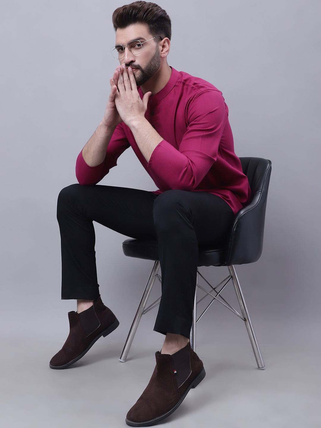 Even Apparels Wine Pure Cotton Short Kurta With Band Collar 
