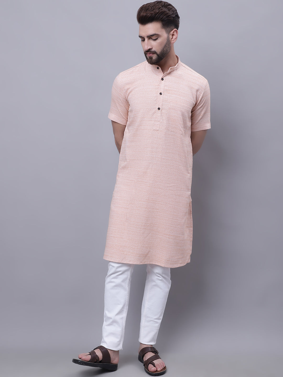 Even Apparels Peach Pure Cotton Short Sleeves Kurta With Band Collar 