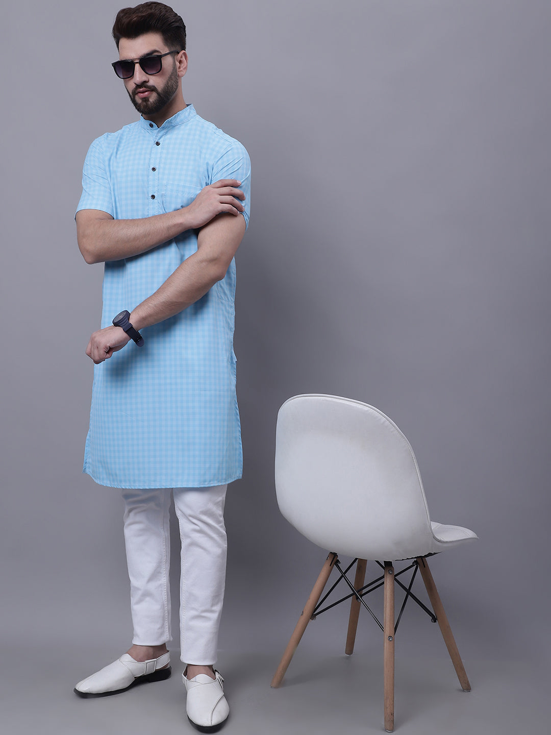 Even Apparels Blue Pure Cotton Short Sleeves Kurta With Band Collar 