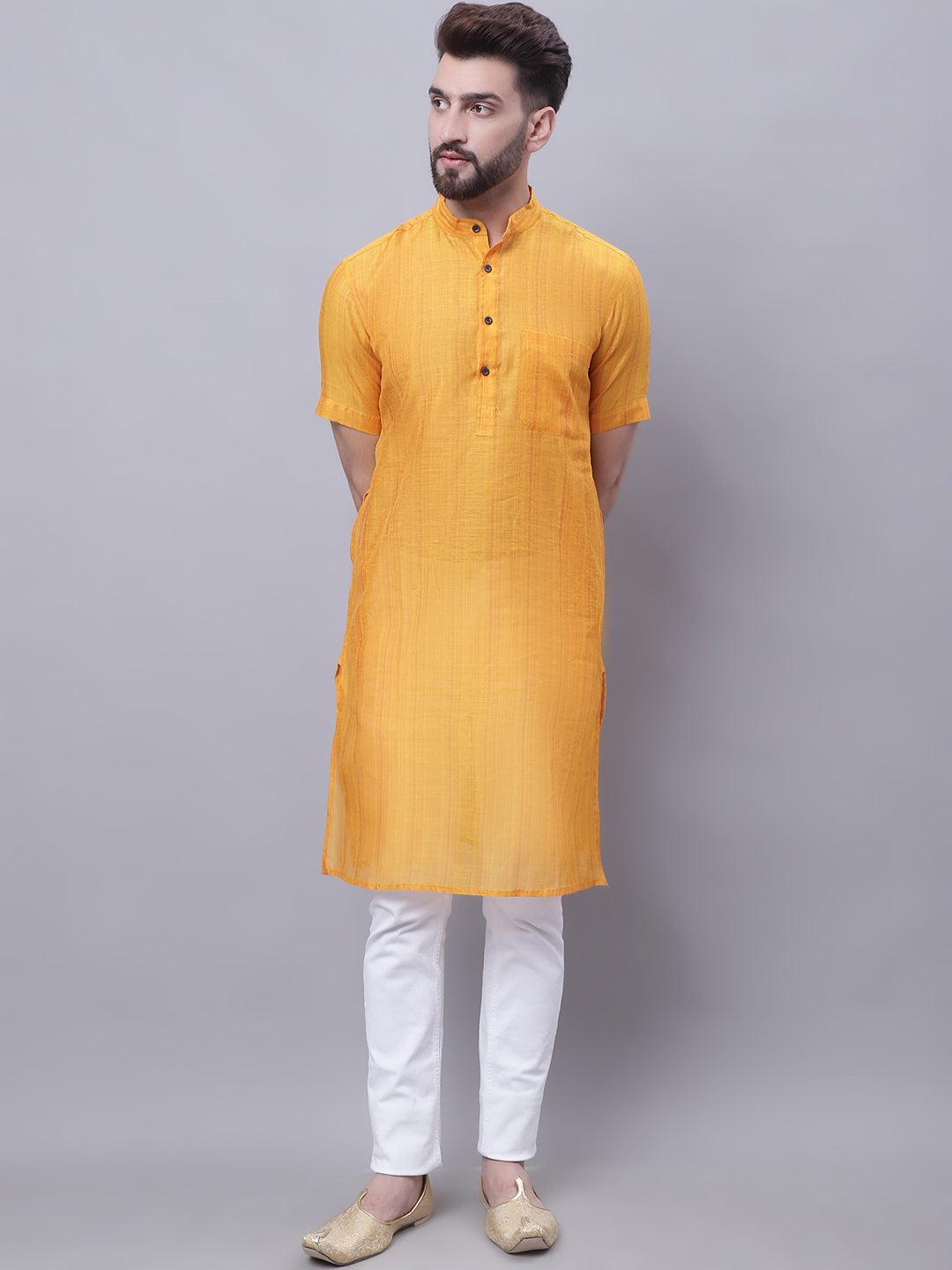 Even Apparels Yellow Pure Cotton Short Sleeves Kurta With Band Collar 
