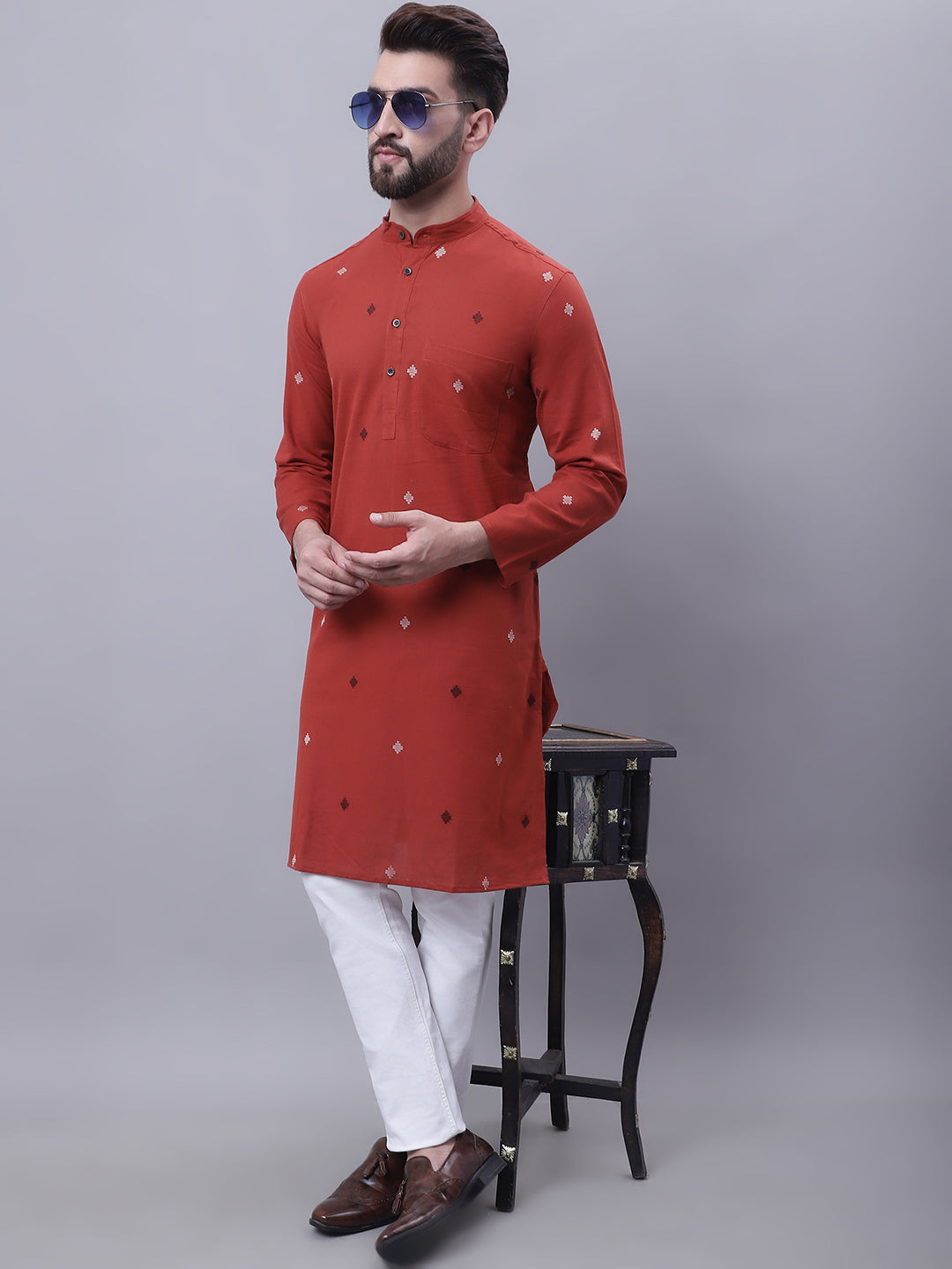 Even Apparels Rust Pure Cotton Kurta With Band Collar 
