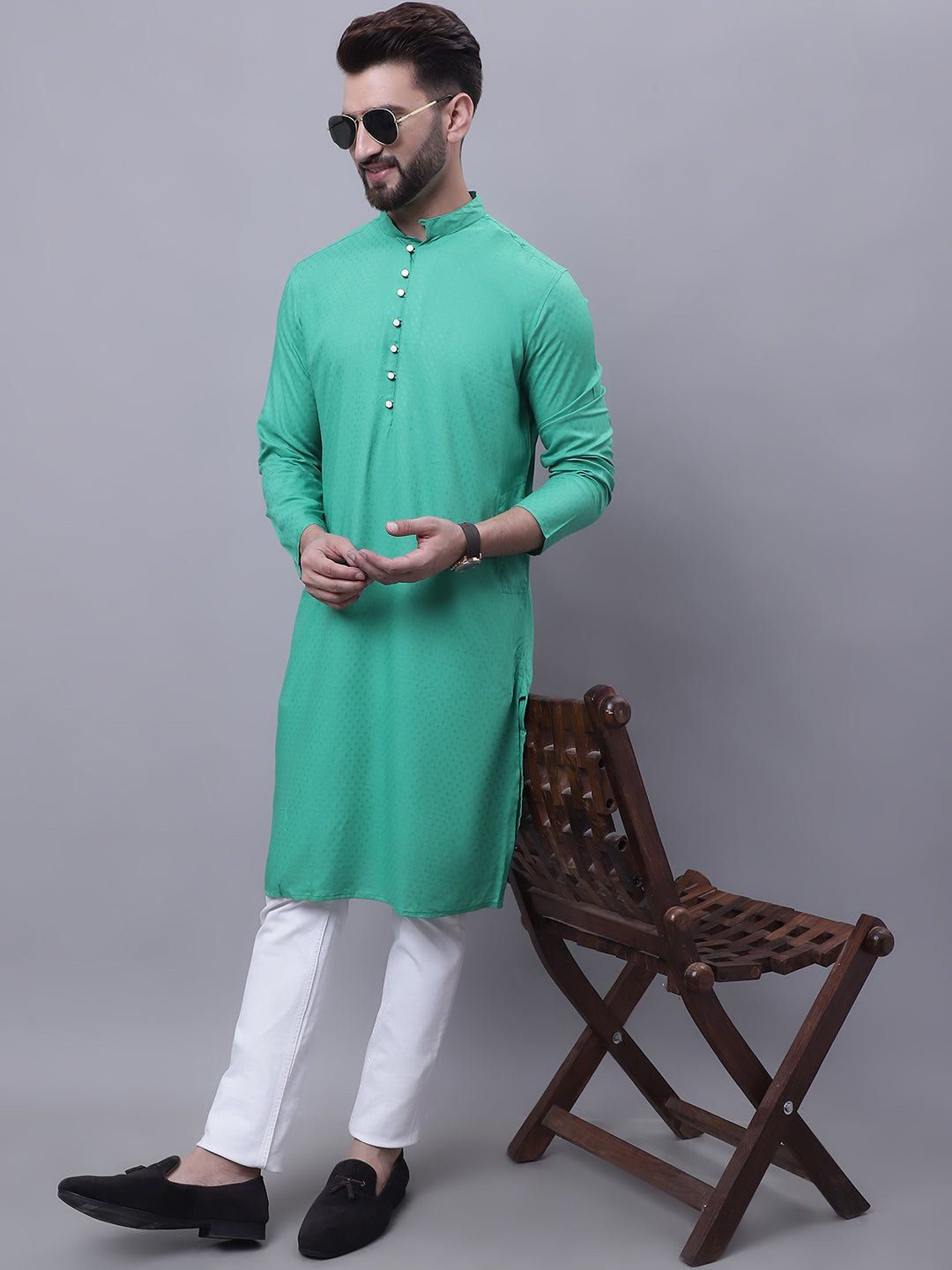 Even Apparels Green Kurta With Band Collar 