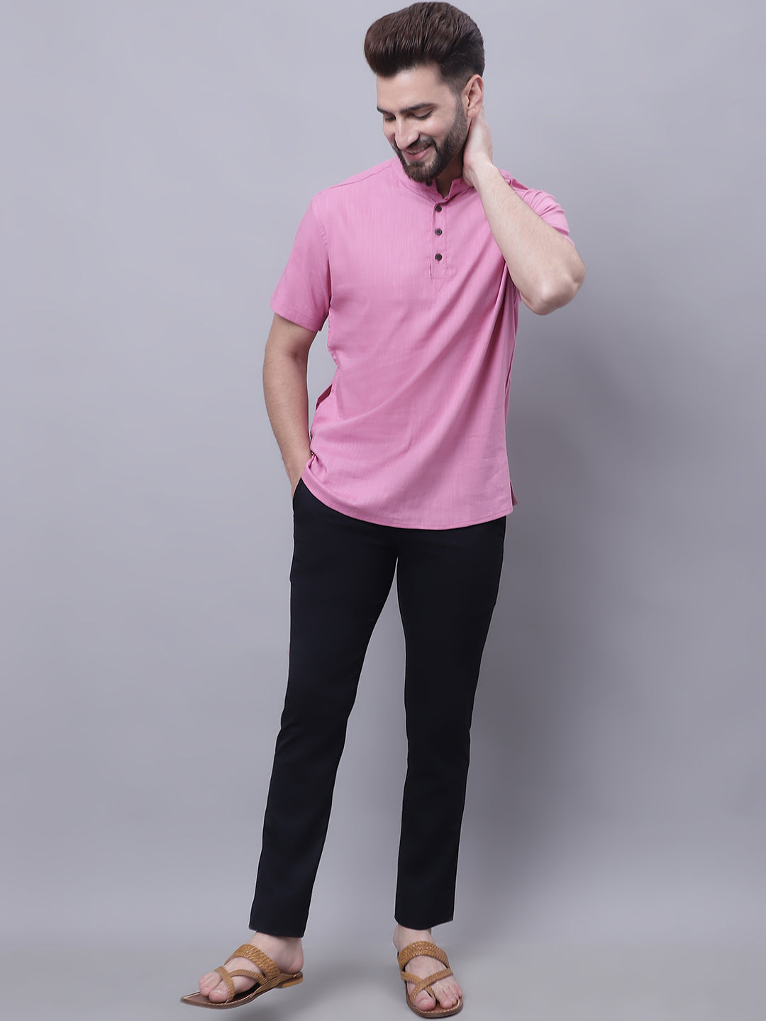 Even Apparels Pink Pure Cotton Short Kurta With Band Collar 